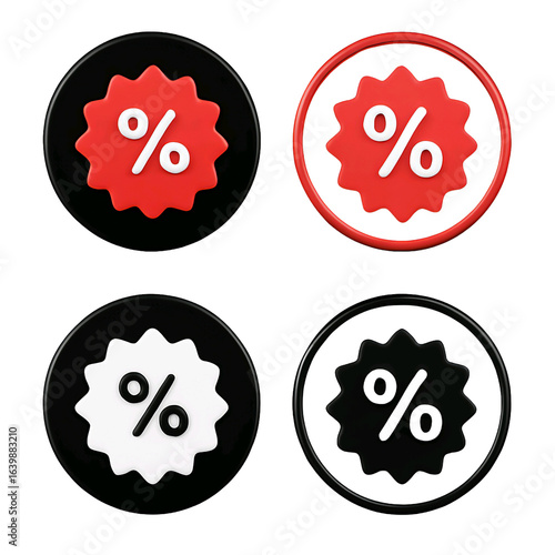 Four discount sale icons with percentage symbols isolated on transparent background