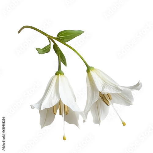 Two Delicate White Flowers Hanging Gently Black Background Botanical Beauty isolated on transparent background cutout