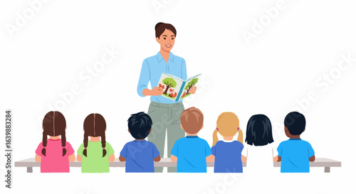 Female teacher calmly reading a storybook to a group of diverse children in a classroom with copy space