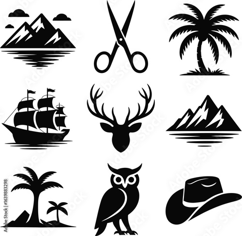 Silhouette Collection Of Nature And Adventure Icons mountains scissors