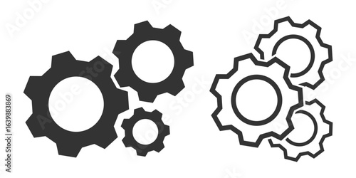 gear symbol, settings icon. Metal gears and cogs vector. Gear icon flat design. Mechanism wheels logo. Cogwheel concept template. Configuration, gear icon on transparent background. EPS 10. 