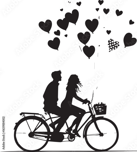 Romantic Couple Riding Tandem Bicycle with Heart Balloons

