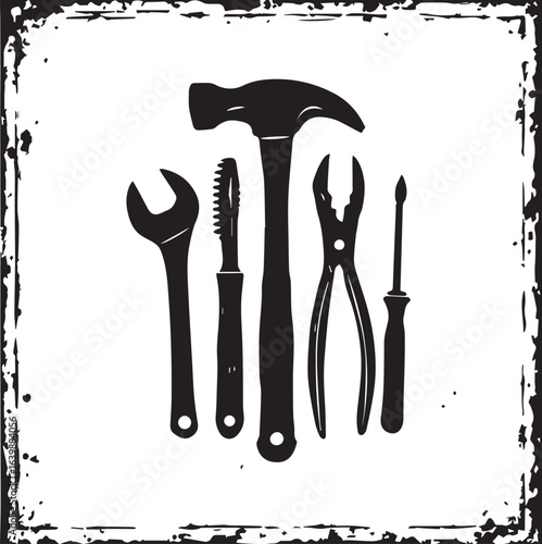 Craftsman Tools with Hammer, Wrench, Pliers and Screwdriver in a Grunge Frame

