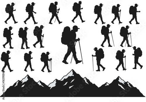 Silhouette of hiker walking with backpack and trekking poles, mountain range in background, outdoor adventure, nature exploration