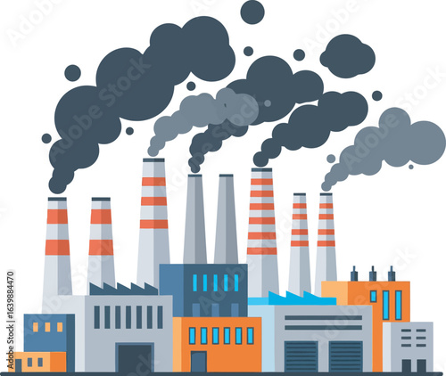 Factory illustration with tall chimneys emitting dark smoke into the air, showcasing environmental pollution.