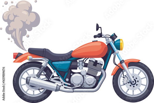 A vibrant orange and teal motorcycle, emitting exhaust smoke, depicted in a side profile illustration.