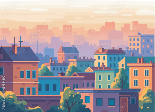 A stylized illustration of a cityscape with colorful buildings and a hazy atmosphere.