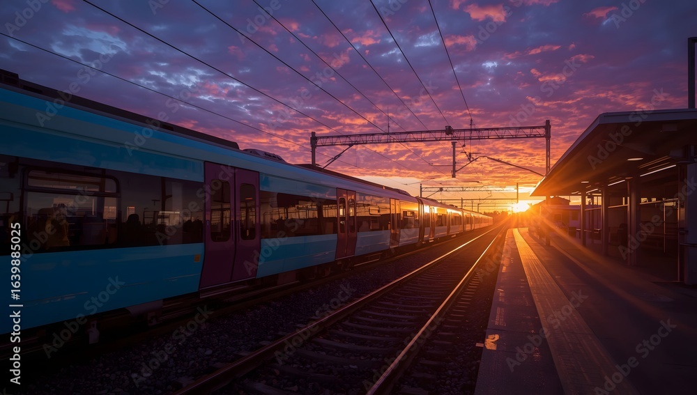 Naklejka premium Train on Platform at Sunset