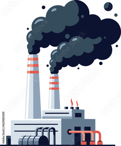 Industrial factory emitting dark smoke, pollution, and environmental damage.