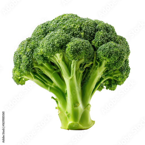 Fresh broccoli with vibrant green florets and thick stem against white background
