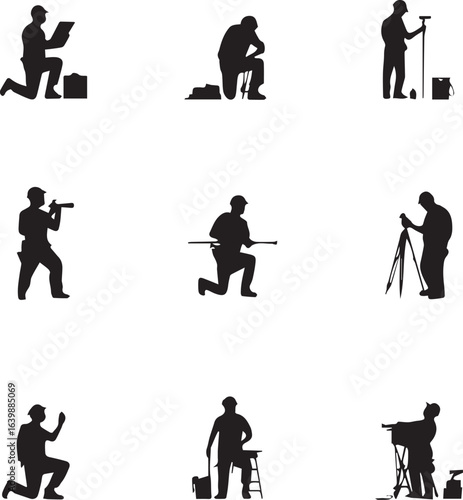 Black silhouettes of surveyors and construction workers in various poses

