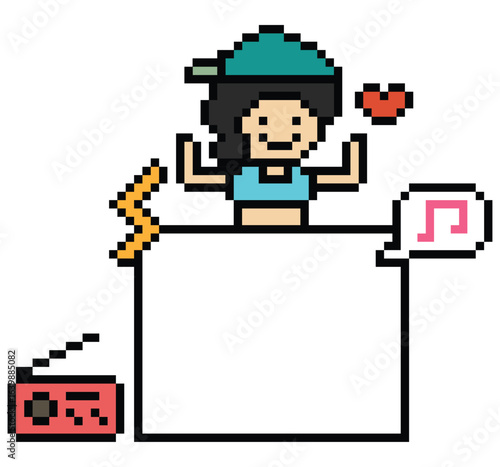 Cartoon pixel art character woman exercises training aerobic dance lifestyle music decoration life style 8 bit female girl lady dance with music game 8bit fitness isolated PNG vector.
