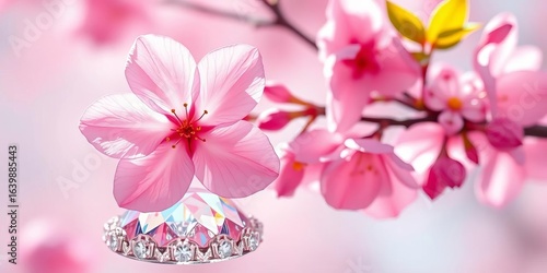 Sparkling pink cherry blossom, large rhinestone gem on a shimmering base, craft, glitter