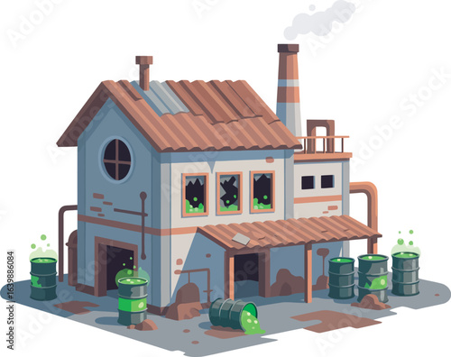 A dilapidated factory building surrounded by leaking barrels of toxic green liquid, emitting smoke.