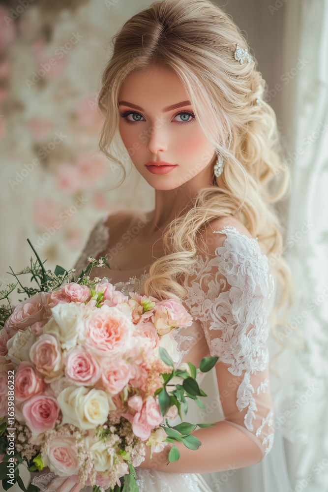 Naklejka premium Beautiful Romantic Blonde Bride with Flowers