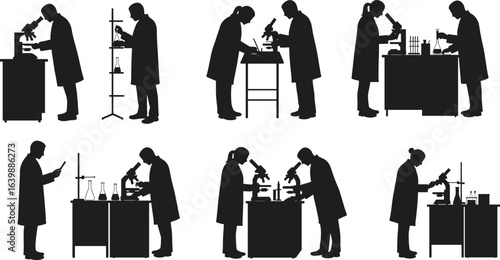 Silhouettes of scientists working in laboratory, using microscope, test tubes, and lab equipment, research, chemistry, biology, male and female researchers, science experiment, medical testing
