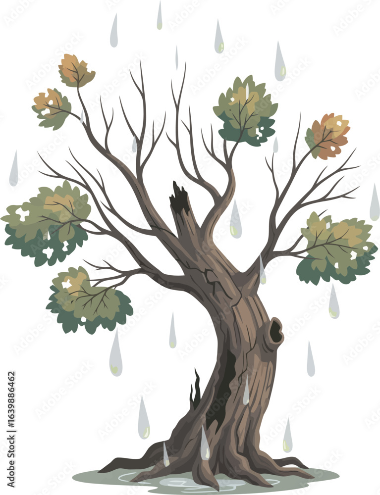 Fototapeta premium A weathered tree in a rainstorm, with rain droplets falling around it.