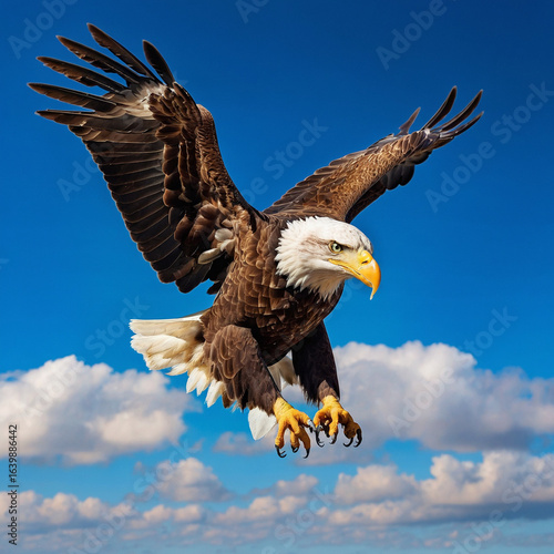 Majestic bald eagle soaring powerfully against a clear blue sky