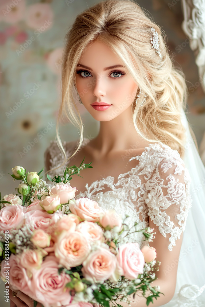 Obraz premium Beautiful Romantic Blonde Bride with Flowers