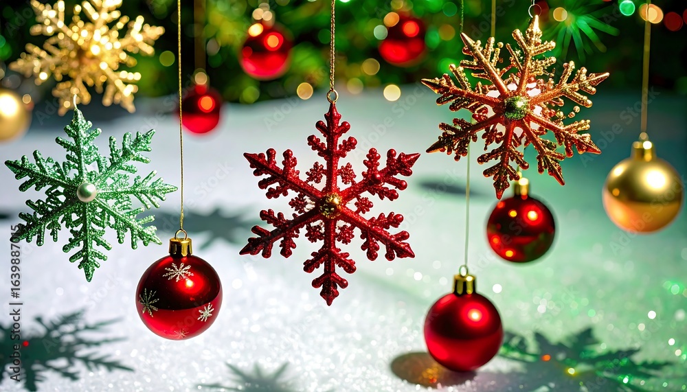 Fototapeta premium Christmas ornaments and snowflakes on snow