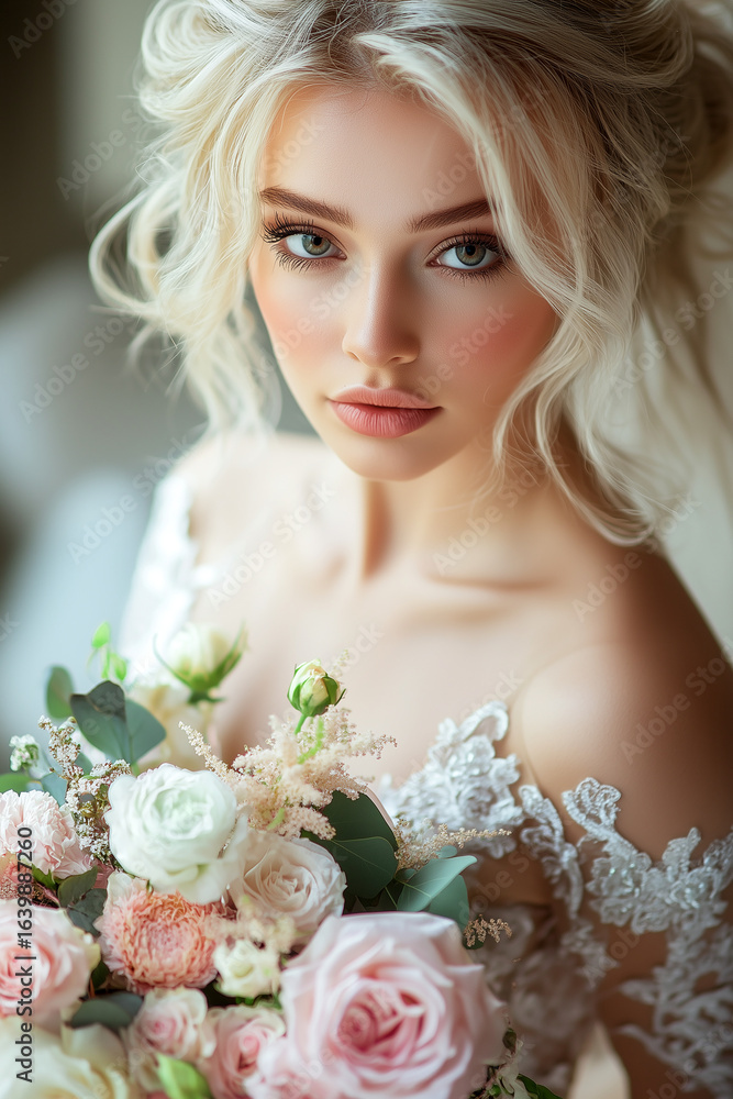 Obraz premium Beautiful Romantic Blonde Bride with Flowers