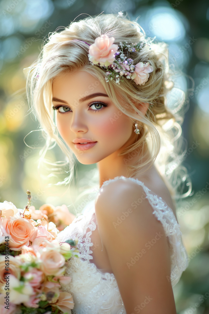 Naklejka premium Beautiful Romantic Blonde Bride with Flowers