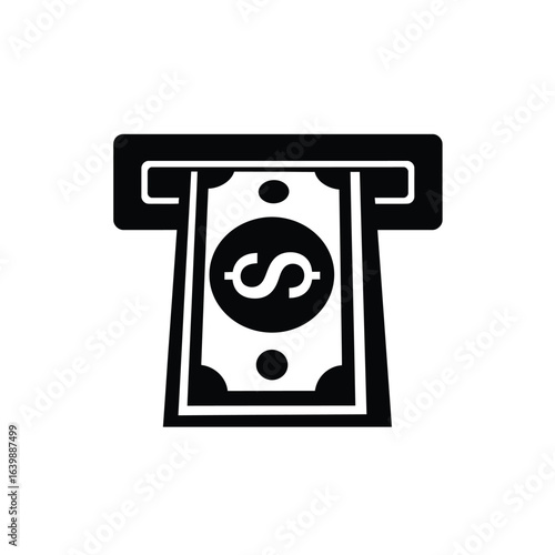 Black and white icon of a dollar bill being dispensed from an atm