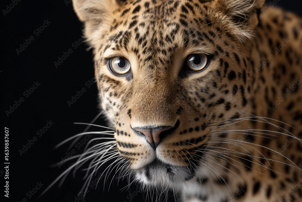 Obraz premium A stunning leopard with striking eyes, captured against a dark backdrop. The leopard's coat is a beautiful pattern of spots. This captivating image showcases the animal's elegance and power.