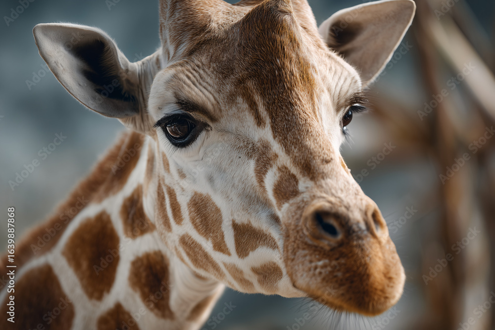 Naklejka premium A Close-up of a Majestic Giraffe's Face, Showcasing Unique Markings and Expressive Eyes