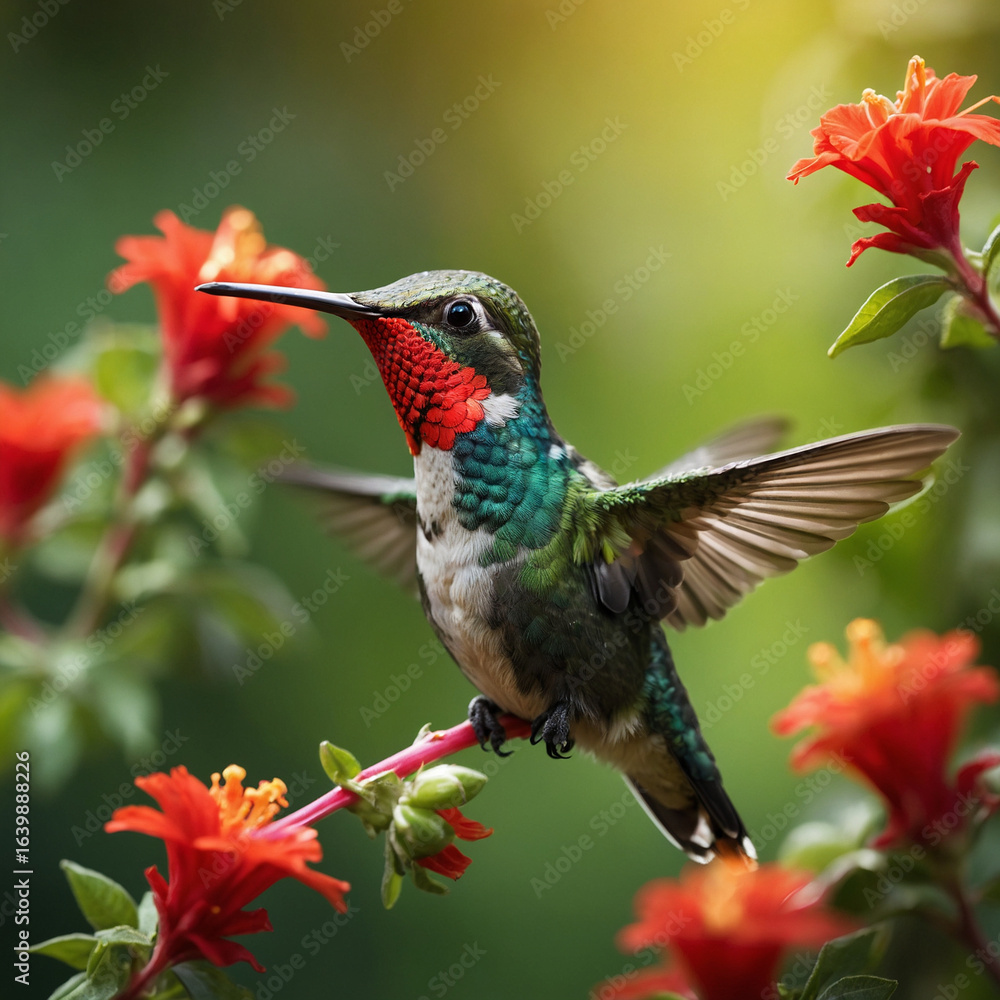 Fototapeta premium Tiny hummingbird with vibrant plumage hovers near bright red flowers