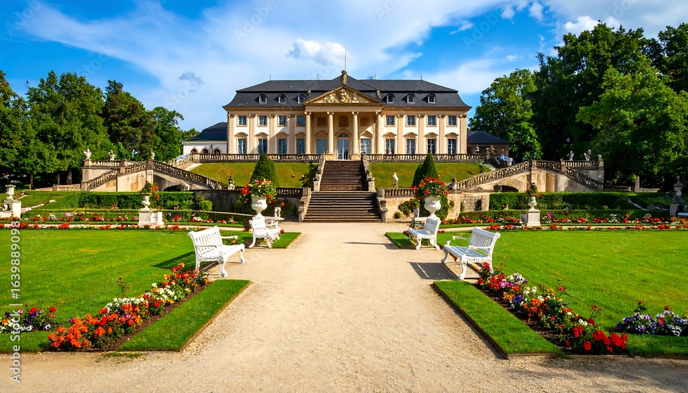 Fototapeta premium A grand estate with meticulously landscaped gardens and a stately mansion.