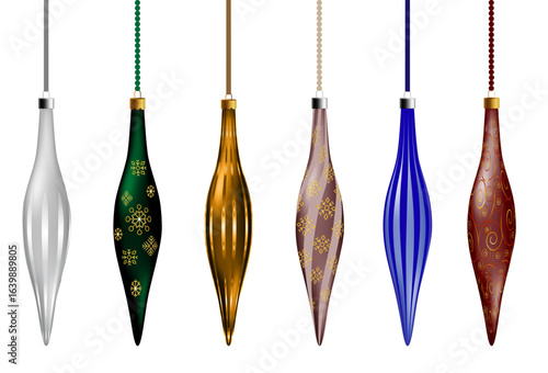 Vector. 3d Christmas decorative finials isolated on white background. Holiday hanging decorations. Colorful collection of ornaments.
