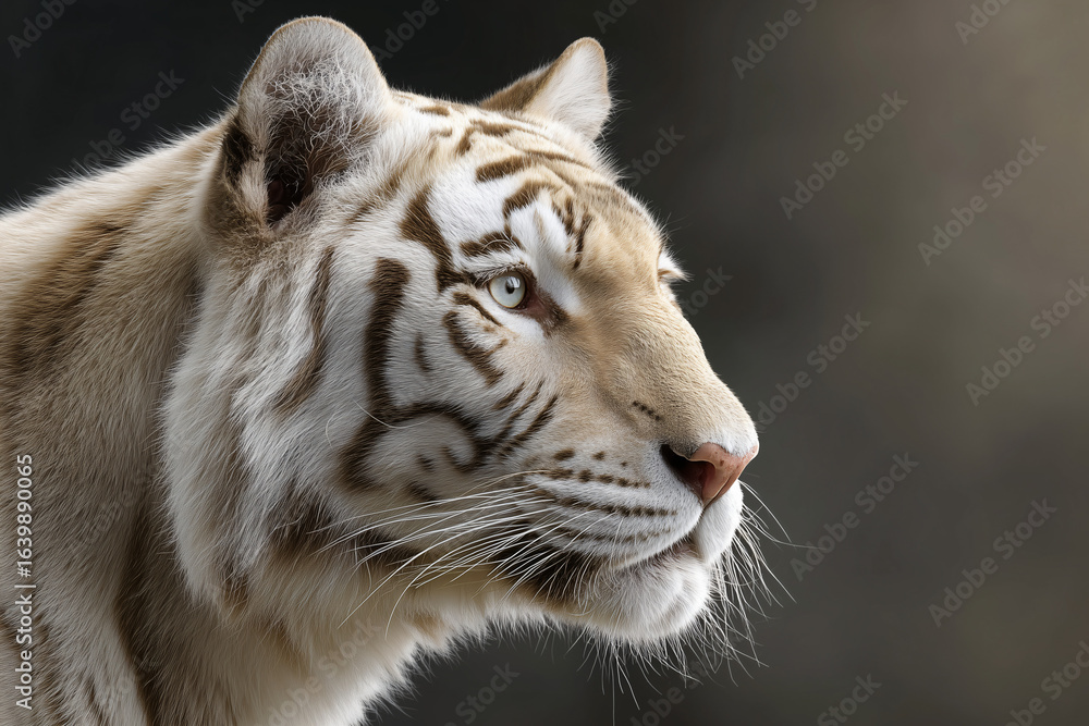 Fototapeta premium A majestic white tiger portrait, showcasing the beauty of wildlife in its natural habitat. The close-up captures the tiger's striking features and intense gaze