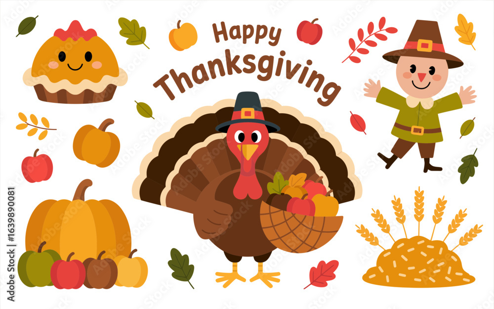 Fototapeta premium Thanksgiving holiday characters and harvest turkey pilgrim