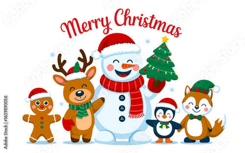 Merry Christmas characters with festive attire greeting holiday