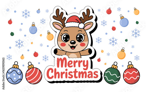 Cute reindeer wearing santa hat with christmas ornaments and snowflakes cartoon animal