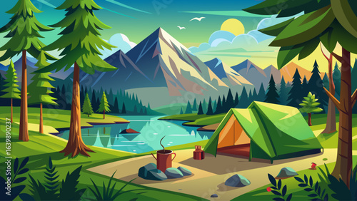 Camping green tent in forest near lake, surrounded by tall pines, golden sunlight reflecting on calm water, peaceful atmosphere, nature’s embrace, inviting adventure, solitude, and serene moments unde