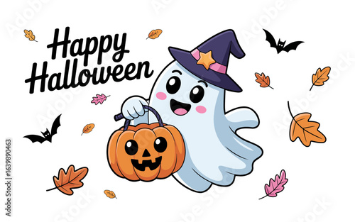 Cute ghost with pumpkin and witch hat halloween