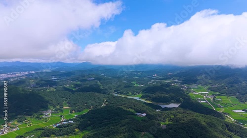 Aerial Drone View of Highway and Cars Driving Through Green Fields and Forest, with Vast Summer Landscape, Blue Sky, and Clouds for a Healing Scenery