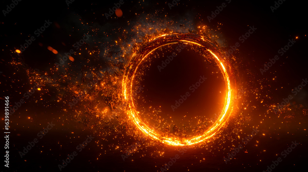 Fototapeta premium Fiery glowing ring surrounded by sparks and cosmic particles in a dark setting