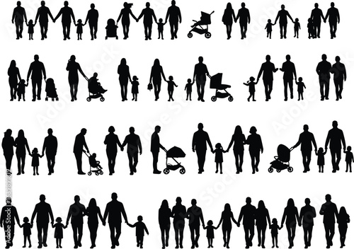 Family silhouettes, parents with children, walking together and pushing strollers, family bonding illustration, black figures on white, love and care concept, vector design art