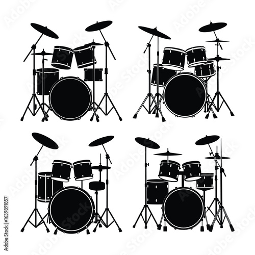 Four Drum Set Silhouettes Arranged in a Grid Pattern on a White Background