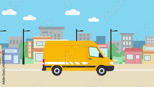 Orange delivery van driving along urban street with cartoon buildings. Flat animation style, suitable for transport, courier service, and delivery concepts.