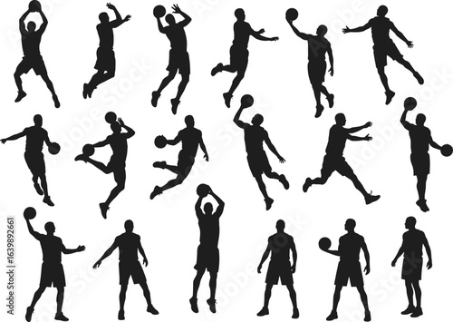 Basketball player silhouettes, action poses collection, slam dunk and dribbling, sports athlete movement, game motion design, black figures on white, vector illustration art