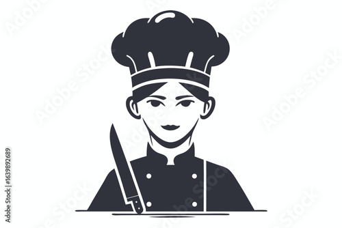 Chef Portrait with Knife and Chef Hat on White Background Icon
