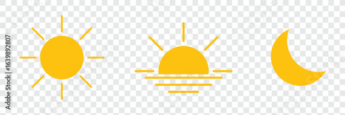 Sun and moon icons set. Dark and light mode symbol. Daytime sunset, sun, moon icon set. Day and night vector icons set. Morning sunrise, noon sun, and night moon. planning, or weather design. 