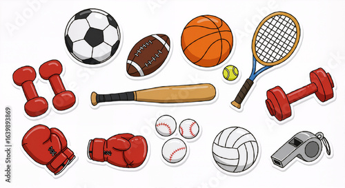 Colorful cartoon illustration set of various sports equipment for fitness and games