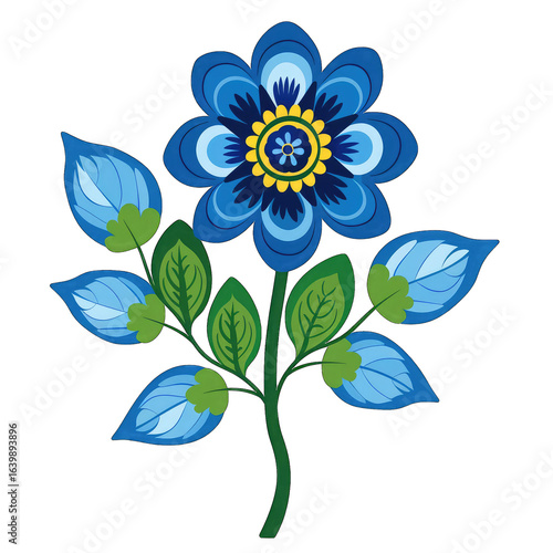 Vibrant blue flower design with detailed leaves and stem