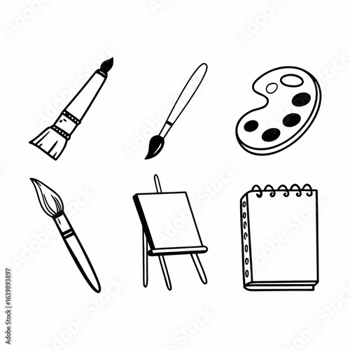 Illustration of art supplies, including brushes, palette, canvas, easel, and notebook isolated on white background