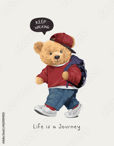 bear doll in red sweater and backpack vector illustration - created by hand drawn